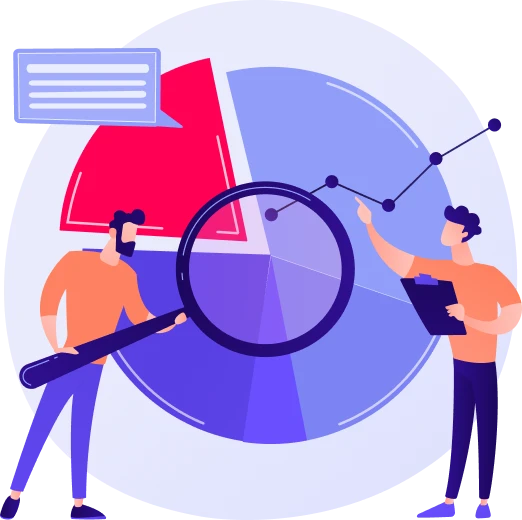 Illustration vectorielle d'un graphique camembert avec deux personnes utilisant une loupe